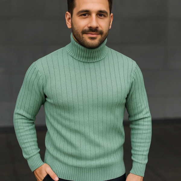 Erkek Balıkcı Yaka Bağazlı Triko Kazak Pamuklu Kalın Fitilli Dokuma, Regular Fit Uzun Kollu Kışlık Model - Mint Yeşili