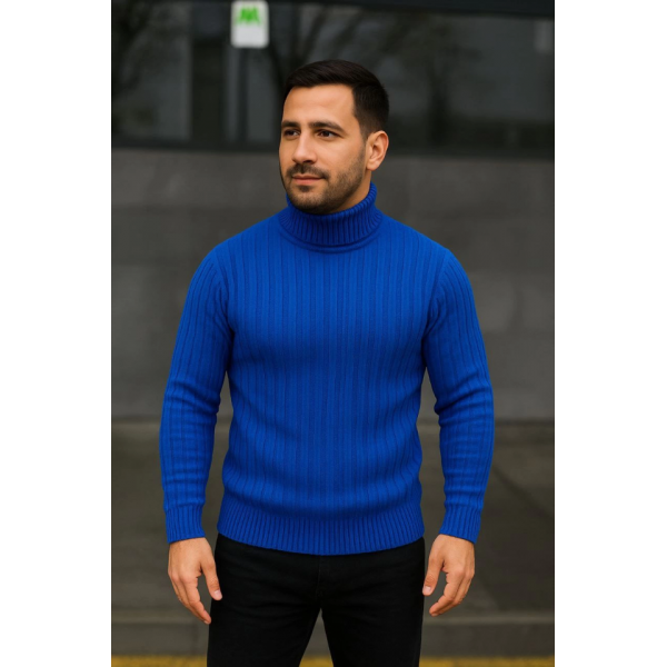 Erkek Balıkcı Yaka Bağazlı Triko Kazak Pamuklu Kalın Fitilli Dokuma, Regular Fit Uzun Kollu Kışlık Model - Saks Mavisi