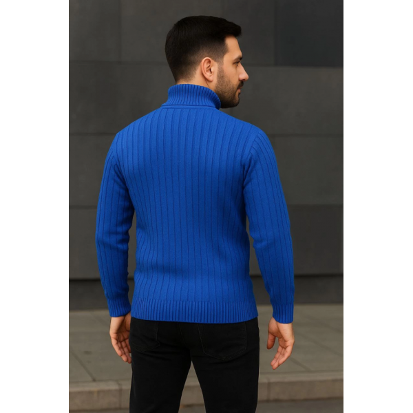 Erkek Balıkcı Yaka Bağazlı Triko Kazak Pamuklu Kalın Fitilli Dokuma, Regular Fit Uzun Kollu Kışlık Model - Saks Mavisi
