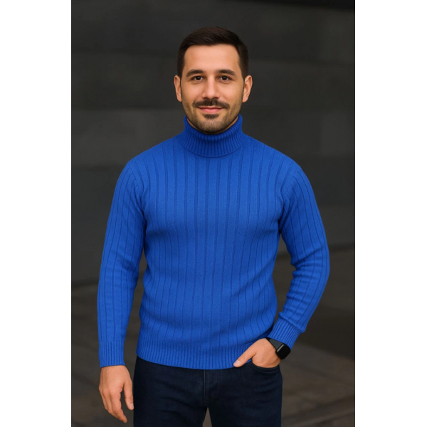 Erkek Balıkcı Yaka Bağazlı Triko Kazak Pamuklu Kalın Fitilli Dokuma, Regular Fit Uzun Kollu Kışlık Model - Saks Mavisi