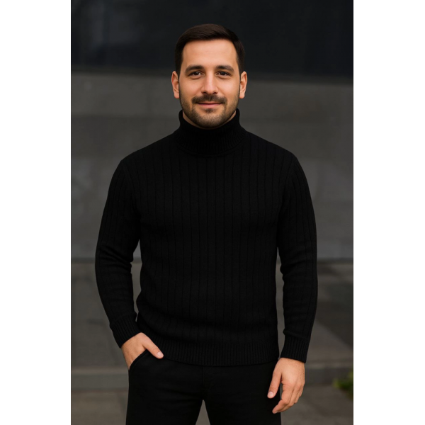 Erkek Balıkcı Yaka Bağazlı Triko Kazak Pamuklu Kalın Fitilli Dokuma, Regular Fit Uzun Kollu Kışlık Model - Siyah