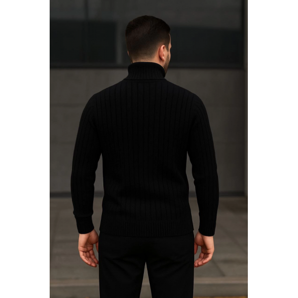 Erkek Balıkcı Yaka Bağazlı Triko Kazak Pamuklu Kalın Fitilli Dokuma, Regular Fit Uzun Kollu Kışlık Model - Siyah