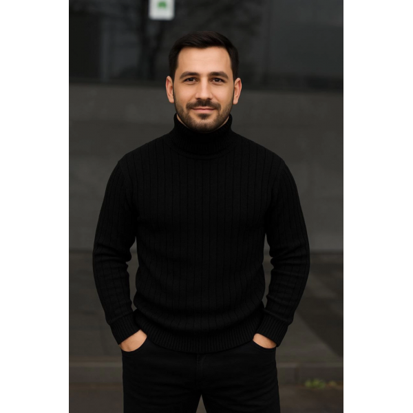 Erkek Balıkcı Yaka Bağazlı Triko Kazak Pamuklu Kalın Fitilli Dokuma, Regular Fit Uzun Kollu Kışlık Model - Siyah