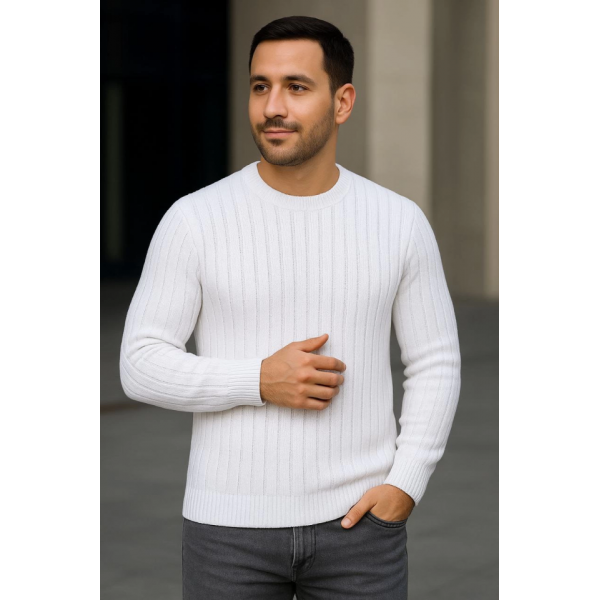 Erkek Bisiklet Yuvarlak Yaka Triko Kazak Pamuklu Kalın Fitilli Dokuma, Regular Fit Uzun Kollu Kışlık Model - Beyaz