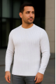 Erkek Bisiklet Yuvarlak Yaka Triko Kazak Pamuklu Kalın Fitilli Dokuma, Regular Fit Uzun Kollu Kışlık Model - Beyaz