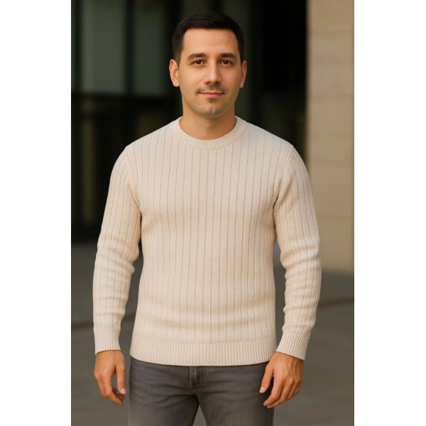 Erkek Bisiklet Yuvarlak Yaka Triko Kazak Pamuklu Kalın Fitilli Dokuma, Regular Fit Uzun Kollu Kışlık Model - Bej