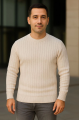 Erkek Bisiklet Yuvarlak Yaka Triko Kazak Pamuklu Kalın Fitilli Dokuma, Regular Fit Uzun Kollu Kışlık Model - Bej