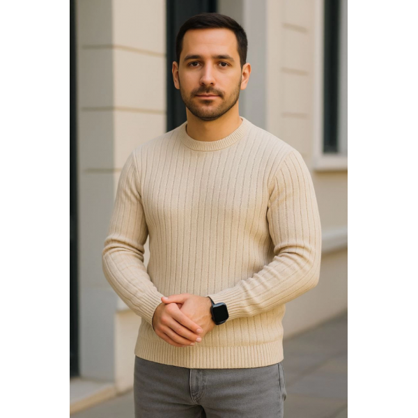 Erkek Bisiklet Yuvarlak Yaka Triko Kazak Pamuklu Kalın Fitilli Dokuma, Regular Fit Uzun Kollu Kışlık Model - Bej