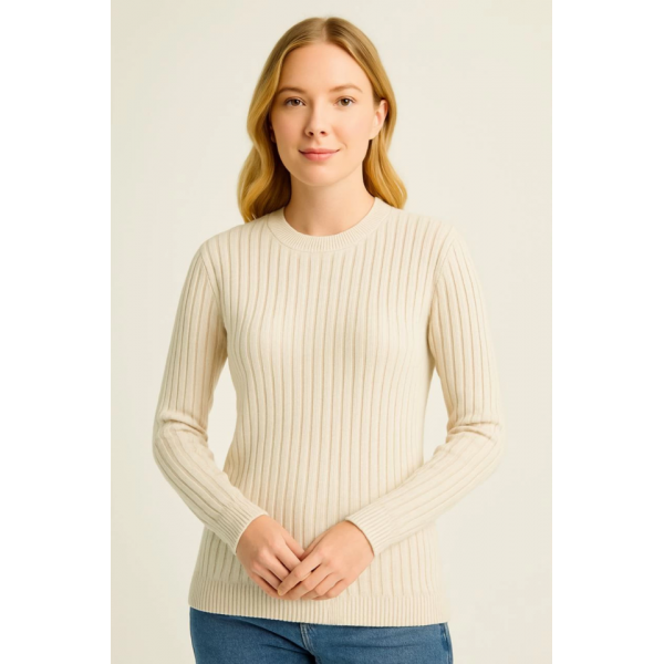 Bisiklet Yuvarlak Yaka Triko Kazak Pamuklu Kalın Fitilli Dokuma, Regular Fit Uzun Kollu Kışlık Model - Bej