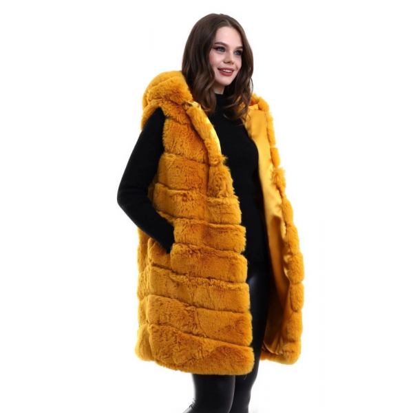 Kapşonlu Peluş Kürk Yelek Premium Kalite, Tam Astarlı, Uzun Model - Sarı
