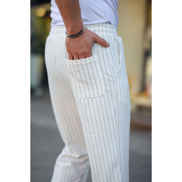 Erkek Cizgili Dokuma Krep Jogger Buggy Pantalon Rahat Kalıp - Beyaz