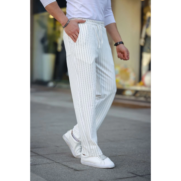 Erkek Cizgili Dokuma Krep Jogger Buggy Pantalon Rahat Kalıp - Beyaz
