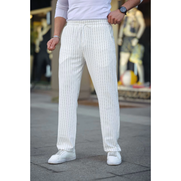 Erkek Cizgili Dokuma Krep Jogger Buggy Pantalon Rahat Kalıp - Beyaz