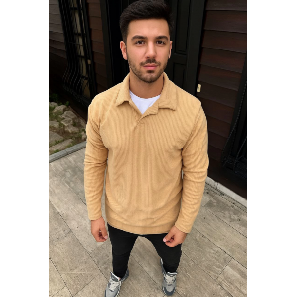 Erkek Fitilli Polar Sweatshirt – Düğmesiz Polo Yaka, Oversize Rahat Kalıp, Kalın Polar Kumaş, Kışlık Ve Baharlık Şık Günlük Üst - Bej