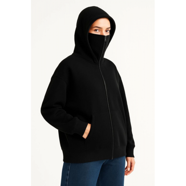 Samuray Ninja Çift Kapşonlu ZIP Fermuarlı Kanguru Çepli Hoodie Maske Detaylı Swetshirt - Siyah