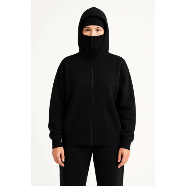 Samuray Ninja Çift Kapşonlu ZIP Fermuarlı Kanguru Çepli Hoodie Maske Detaylı Swetshirt - Siyah