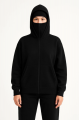 Samuray Ninja Çift Kapşonlu ZIP Fermuarlı Kanguru Çepli Hoodie Maske Detaylı Swetshirt - Siyah