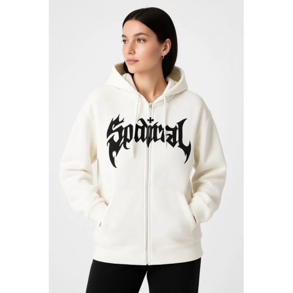 Oversize Kapüşonlu Sweatshirt Hoodie 3 İplik Şardonlu Pamuklu Kumaş, Önü Baskılı, Fermuarlı Rahat Kalıp, Kışlık Ve Sokak Stili Sweat - Beyaz