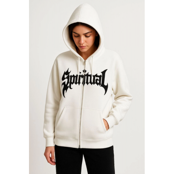 Oversize Kapüşonlu Sweatshirt Hoodie 3 İplik Şardonlu Pamuklu Kumaş, Önü Baskılı, Fermuarlı Rahat Kalıp, Kışlık Ve Sokak Stili Sweat - Beyaz