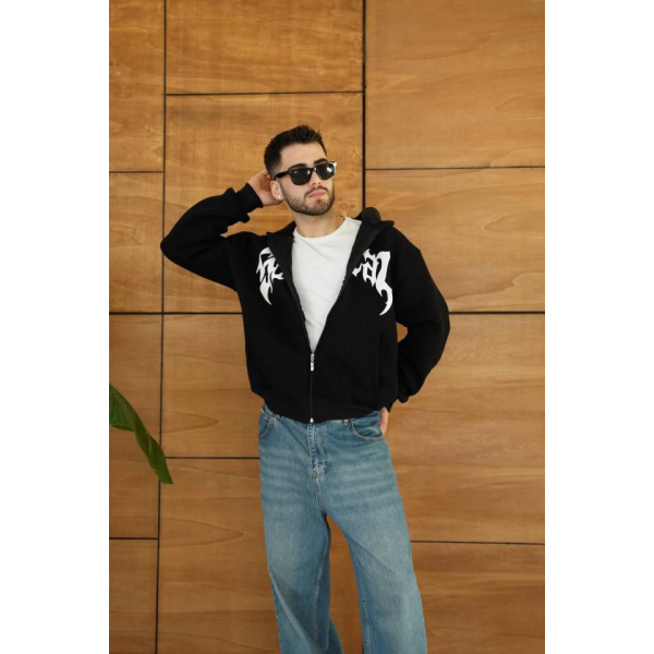 Erkek Kapüşonlu Sweatshirt  Hoodie 3 İplik Şardonlu Pamuklu Kumaş, Önü Baskılı, Fermuarlı Rahat Kalıp, Kışlık Ve Sokak Stili Sweat - Siyah