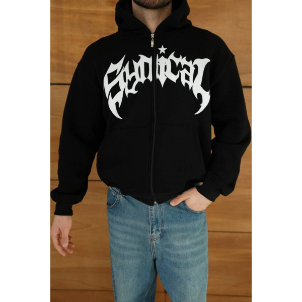 Erkek Kapüşonlu Sweatshirt  Hoodie 3 İplik Şardonlu Pamuklu Kumaş, Önü Baskılı, Fermuarlı Rahat Kalıp, Kışlık Ve Sokak Stili Sweat - Siyah