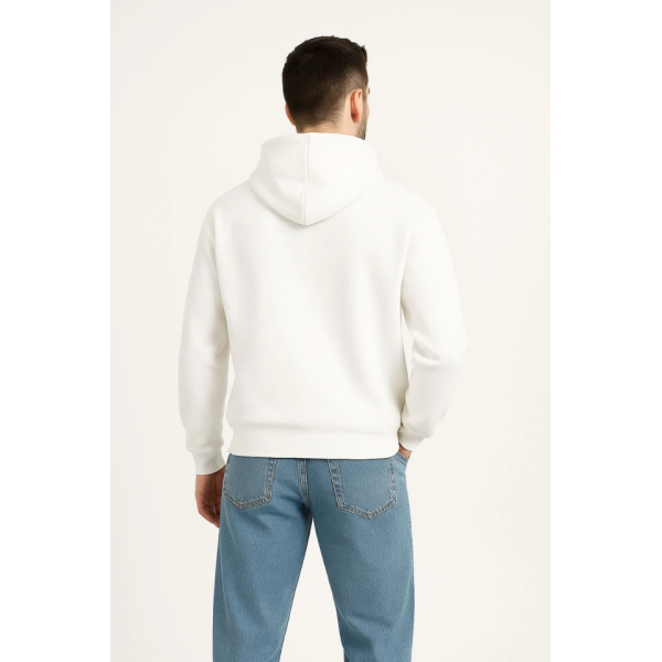 Erkek Kapüşonlu Sweatshirt Hoodie 3 İplik Şardonlu Pamuklu Kumaş, Önü Baskılı, Fermuarlı Rahat Kalıp, Kışlık Ve Sokak Stili Sweat - Beyaz