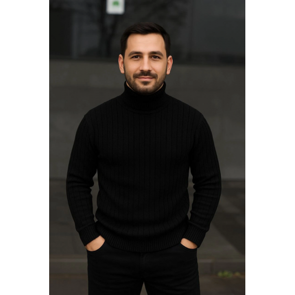 Erkek Fitilli Triko Kazak 2li Set Gri Siyah Regular Balıkcı Yaka Tam Boğazlı Triko Seti Modeli Kazak