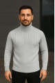 Erkek Fitilli Triko Kazak 2li Set Gri Siyah Regular Balıkcı Yaka Tam Boğazlı Triko Seti Modeli Kazak