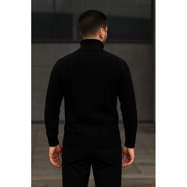 Erkek Fitilli Triko Kazak 2li Set Gri Siyah Regular Balıkcı Yaka Tam Boğazlı Triko Seti Modeli Kazak