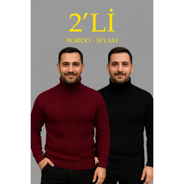 Erkek Fitilli Triko Kazak 2li Set Bordo Siyah Regular Balıkcı Yaka Tam Boğazlı Triko Seti Modeli Kazak