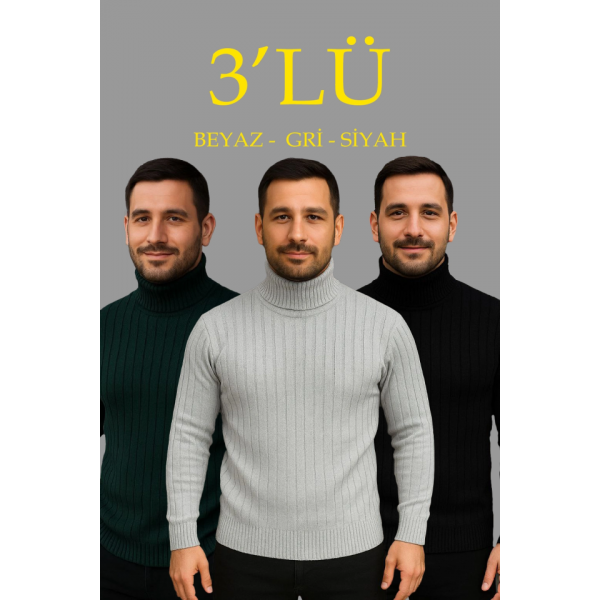 Erkek Fitilli Triko Kazak 3lÜ Set Gri Haki Siyah Regular Balıkcı Yaka Tam Boğazlı Triko Seti Modeli Kazak