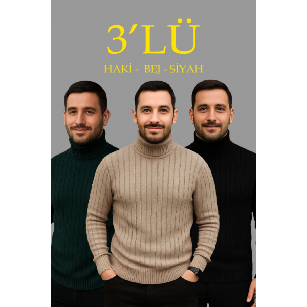 Erkek Fitilli Triko Kazak 3lÜ Set Bej Haki Siyah Regular Balıkcı Yaka Tam Boğazlı Triko Seti Modeli Kazak