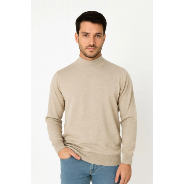 Erkek Yarım Boğaz Triko Kazak Yumuşak Dokulu Pamuklu Ince Dokuma, Uzun Kollu Rahat Regular Kalıp - Bej