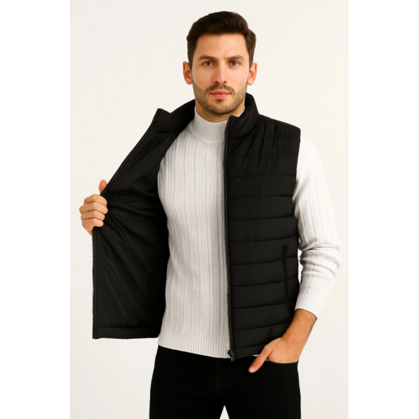 Erkek Şişme Fermuarlı Yelek Su Itici Kapitone Astarlı Kumaş Cepli Hafif Kışlık Spor Rahat Kalıp - Siyah