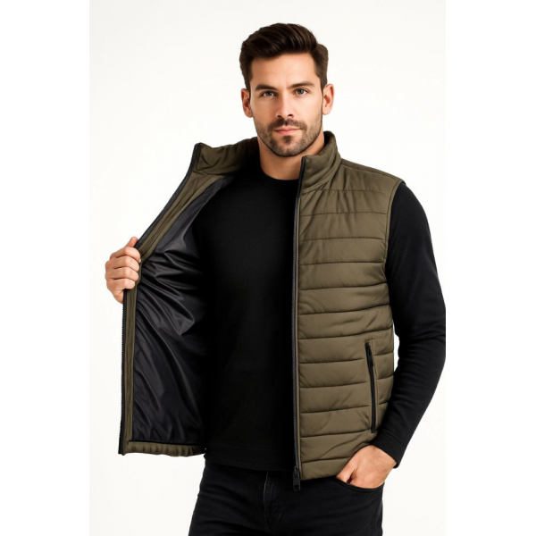 Erkek Şişme Fermuarlı Yelek Su Itici Kapitone Astarlı Kumaş Cepli Hafif Kışlık Spor Rahat Kalıp - Haki