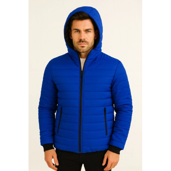 Erkek Şişme Kapüşonlu Fermuarlı Mont Su Itici Kapitone Astarlı Kumaş Cepli Kışlık Rahat Kalıp - Saks Mavisi