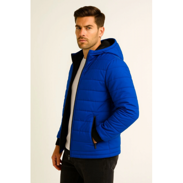 Erkek Şişme Kapüşonlu Fermuarlı Mont Su Itici Kapitone Astarlı Kumaş Cepli Kışlık Rahat Kalıp - Saks Mavisi