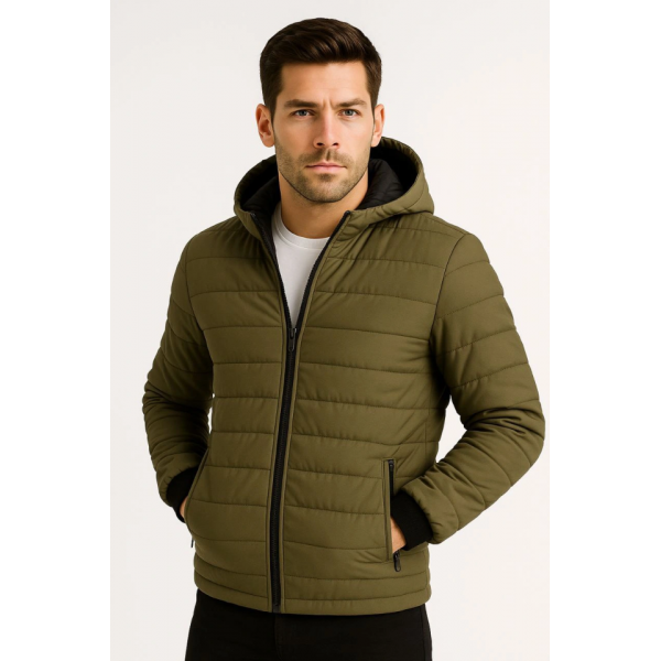 Erkek Şişme Kapüşonlu Fermuarlı Mont Su Itici Kapitone Astarlı Kumaş Cepli Kışlık Rahat Kalıp - Haki