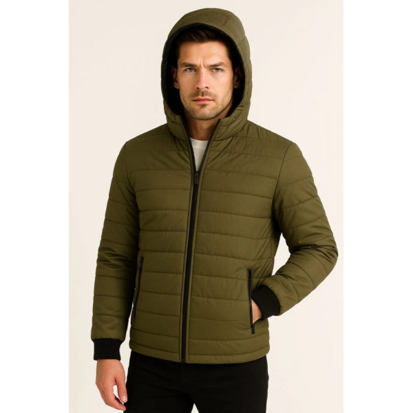 Erkek Şişme Kapüşonlu Fermuarlı Mont Su Itici Kapitone Astarlı Kumaş Cepli Kışlık Rahat Kalıp - Haki