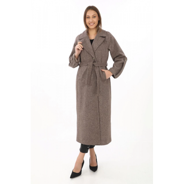 Uzun Kaşe Kaban – Yünlü Dokuma Kaşmir Kumaş, Kruvaze Yaka, Kuşaklı Astarlı Tesettür Uyumlu Şık Kışlık Siyah Model- Vizon