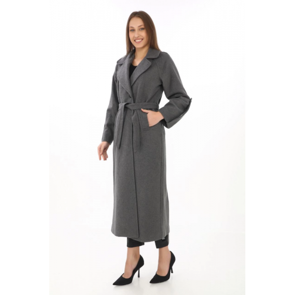 Uzun Kaşe Kaban – Yünlü Dokuma Kaşmir Kumaş, Kruvaze Yaka, Kuşaklı Astarlı Tesettür Uyumlu Şık Kışlık Siyah Model - Füme