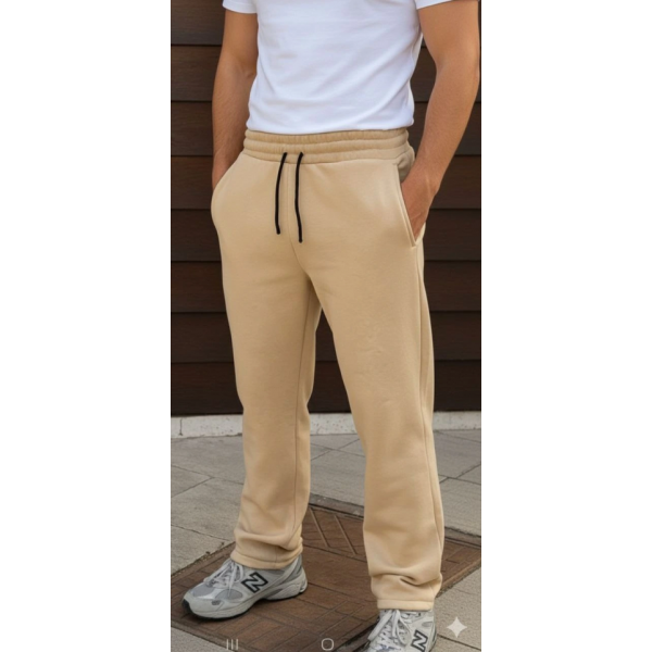 Erkek Üç Iplik Kışlık Pamuklu Ovarsize Bağcıklı Düz Paça Cepli Eşofman Altı Spor Rahat Model - Bej